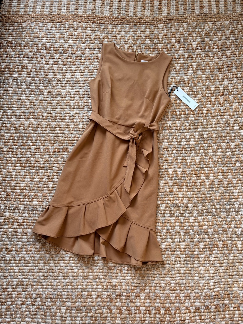 M Calvin Klein Sleeveless Ruffle Midi Dress in Camel / nude. Women’s petite 8